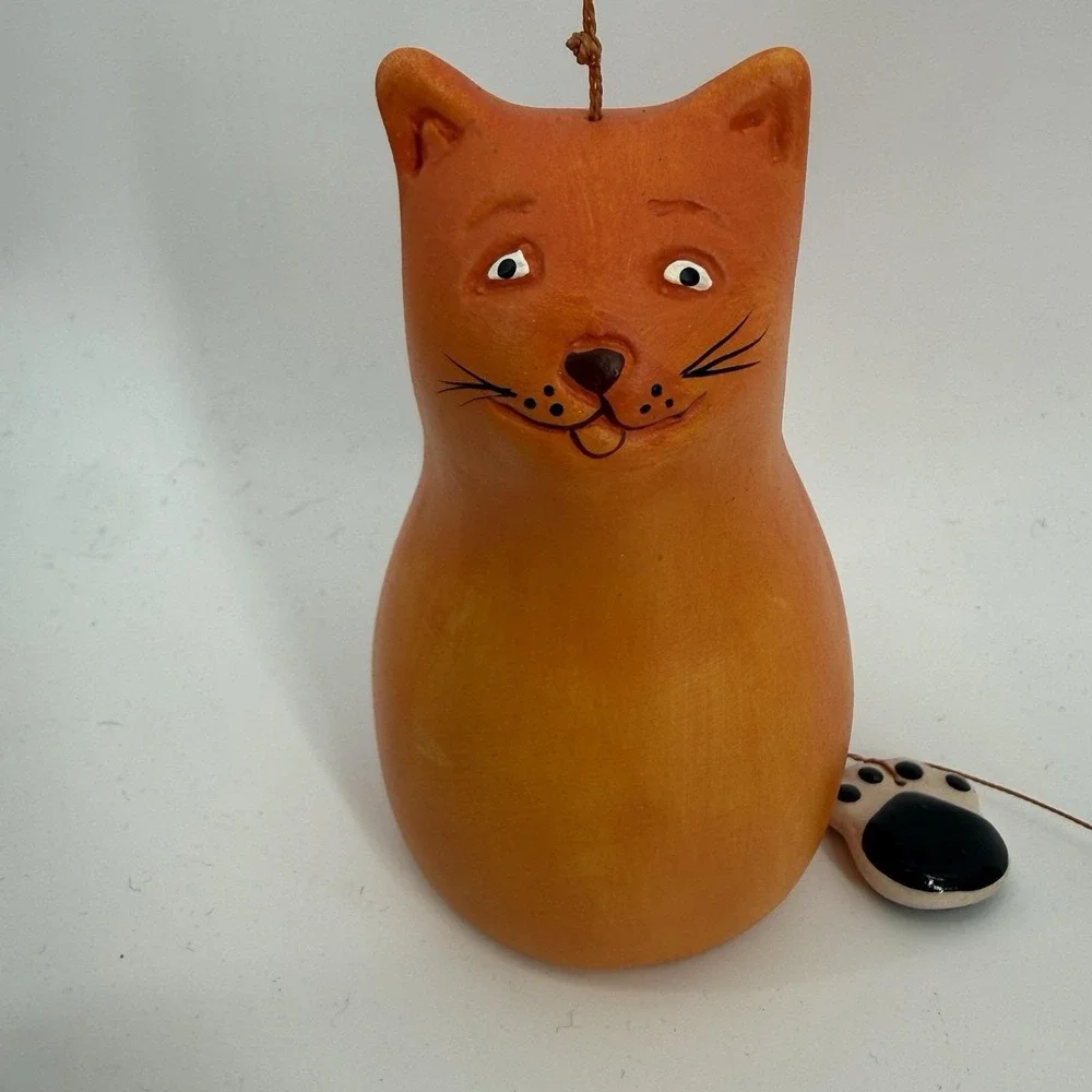 Clay Hand painted Orange Cat Figure & Paws Wind Chime Hanging Decor 2 FT‎